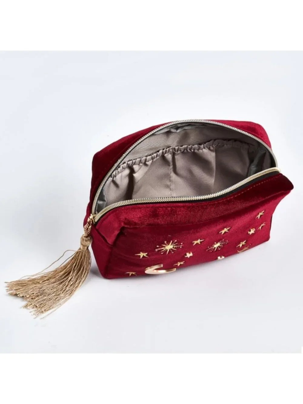 Wine Red Velvet Cosmetic Bag with Moon & Stars, Tassels & Pearl Zipper - Travel